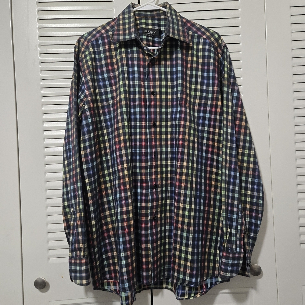 St Croix Mulit-colored Plaid Cotton Men's Button Down Shirt Size L